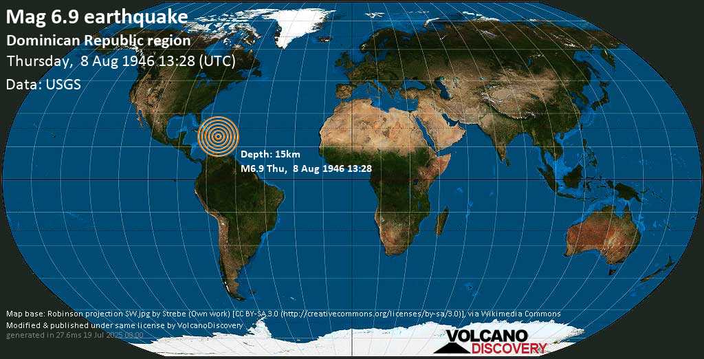 Major magnitude 7.0 earthquake - North Atlantic Ocean, 26 km northeast of Nagua, Dominican Republic, on Thursday, August 8, 1946 at 13:28 (GMT)