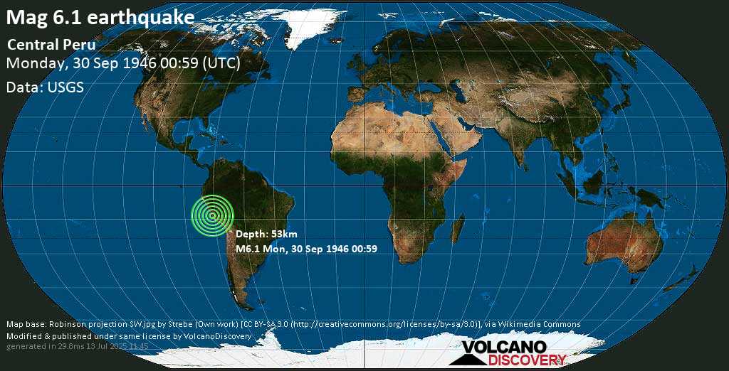 Fuerte terremoto magnitud 6.1 - 36 km ENE of Chincha Alta, Provincia de Chincha, Ica, Peru, lunes, 30 sep. 1946
