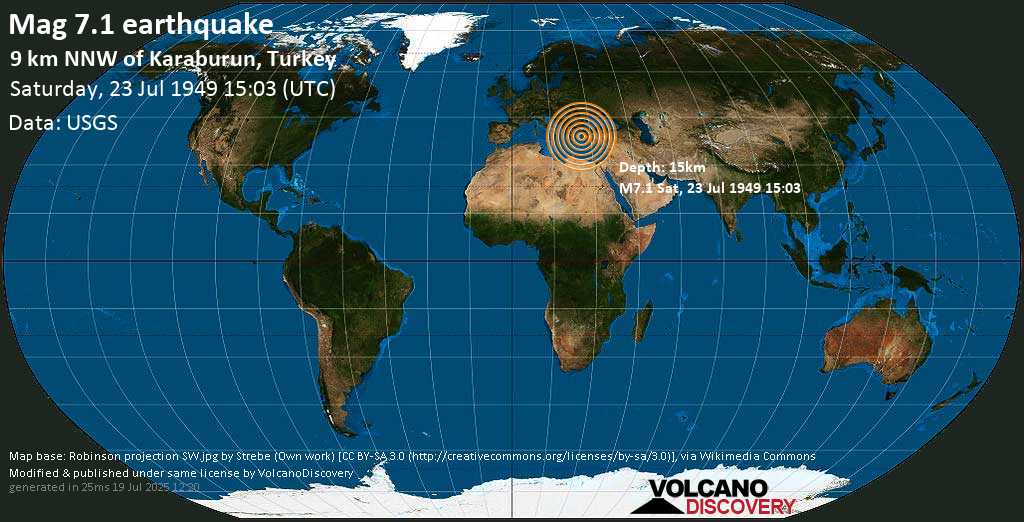 Very strong mag. 6.5 earthquake - Aegean Sea, 10.1 km northwest of Karaburun, İzmir, Turkey, on Saturday, July 23, 1949 at 15:03 (GMT)