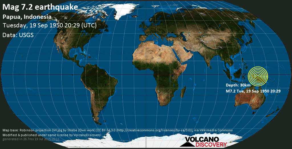 Major magnitude. 7.2 earthquake - 3502 km east of Jakarta, Indonesia, on Tuesday, 19 September 1950 at 20:29 (GMT)