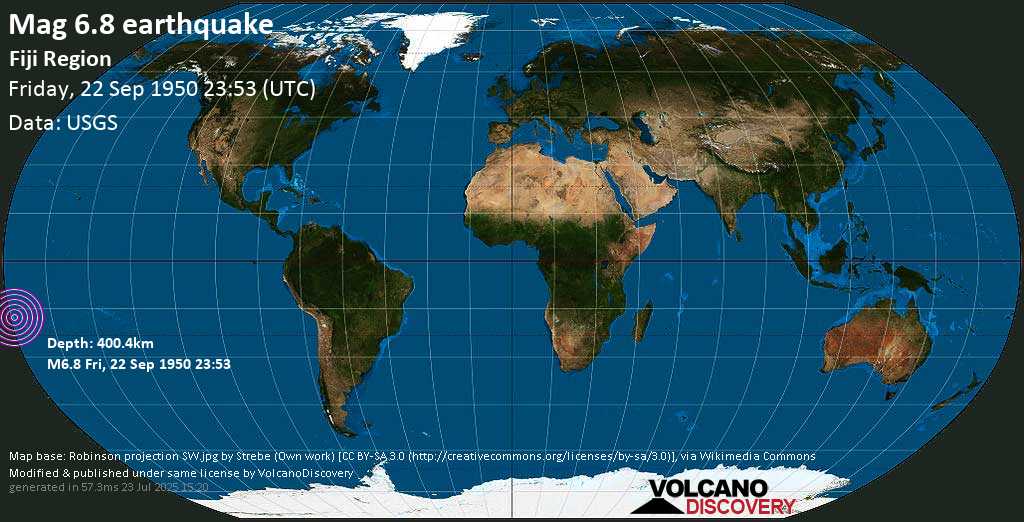 Strong mag. 6.8 earthquake - Fiji Region on Friday, 22 September 1950