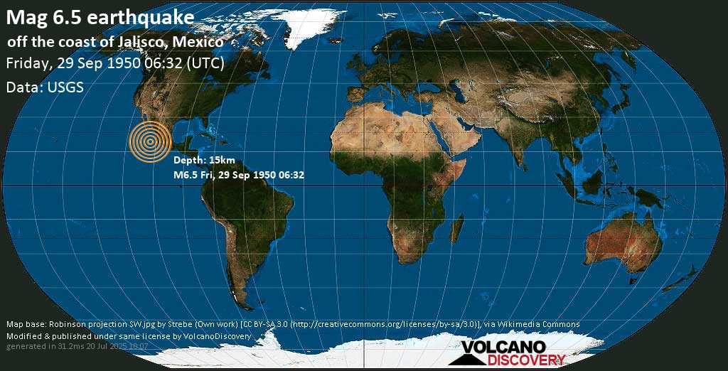 Strong mag. 6.6 earthquake - North Pacific Ocean, 855 km west of Mexico City, on Friday, 29 September 1950 at 06:32 (GMT)