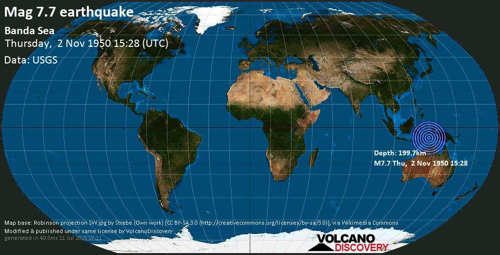 Major mag. 7.7 earthquake - Banda Sea (Indonesia) on Thursday, 2 November 1950