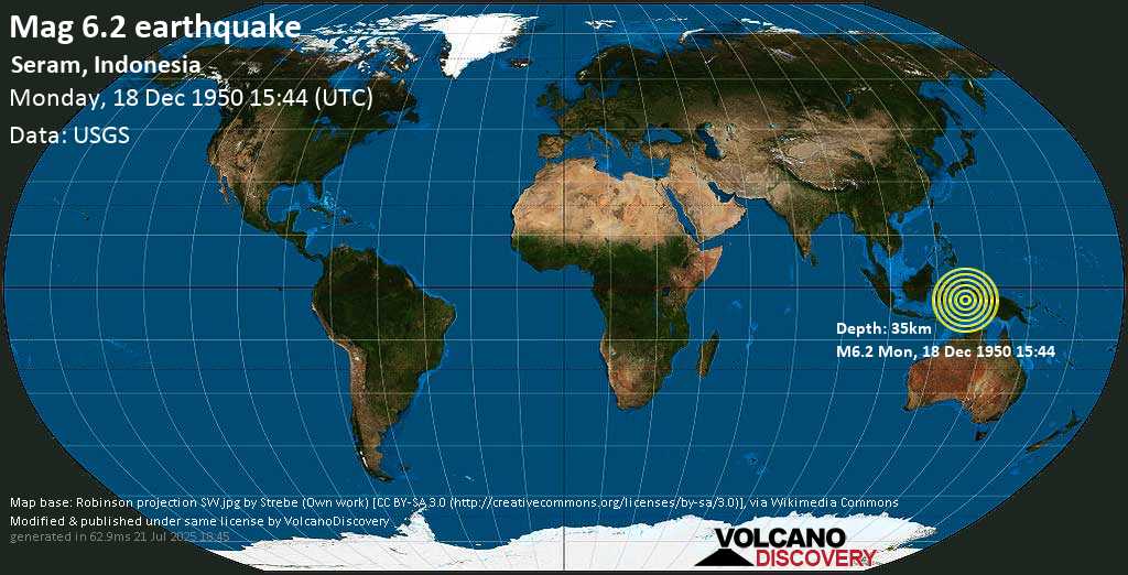 Strong mag. 6.3 earthquake - Seram, Indonesia, on Monday, 18 December 1950 at 15:44 (GMT)