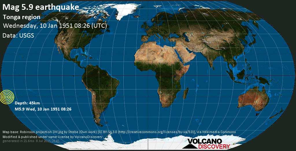 Strong mag. 6.0 earthquake - South Pacific Ocean, 230 km south of Nuku\'alofa, Tongatapu, on Wednesday, 10 January 1951 at 08:26 (GMT)