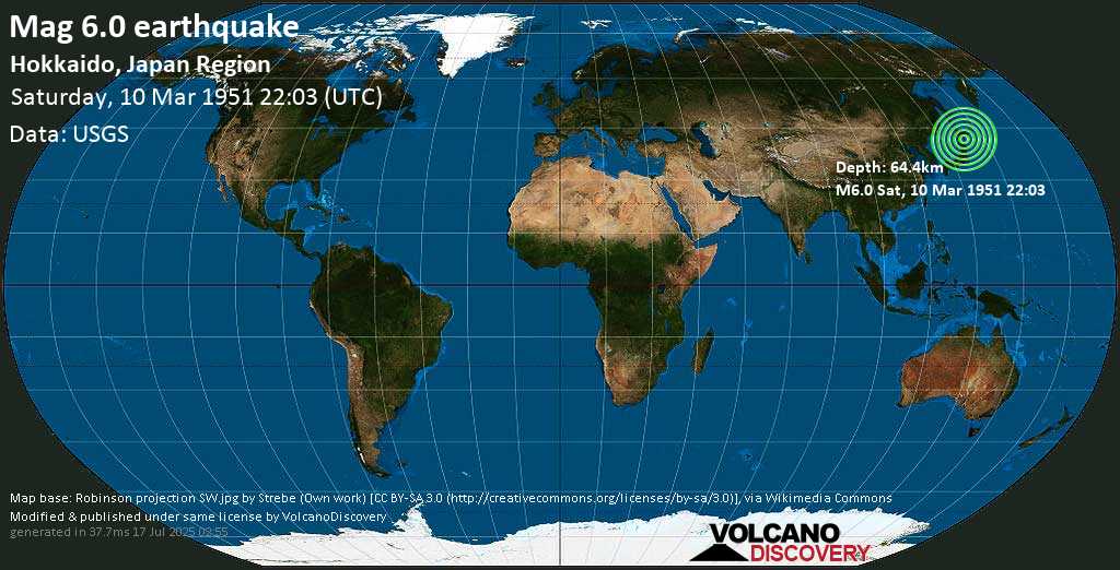Strong mag. 6.1 earthquake - North Pacific Ocean, 679 km north of Tokyo, Japan, on Saturday, 10 March 1951 at 22:03 (GMT)