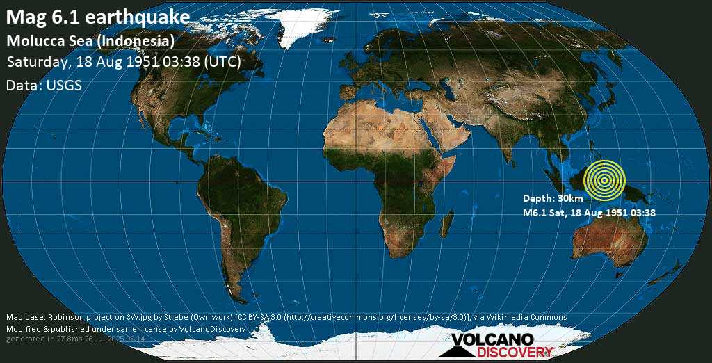 Strong mag. 6.1 earthquake - Molucca Sea (Indonesia) on Saturday, 18 August 1951 at 03:38 (GMT)