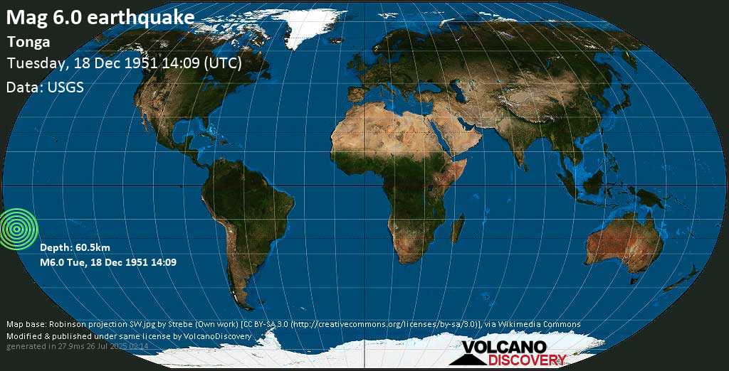 Strong mag. 6.0 earthquake - South Pacific Ocean, 85 km southwest of Neiafu, Vava‘u, Tonga, on Tuesday, 18 December 1951 at 14:09 (GMT)