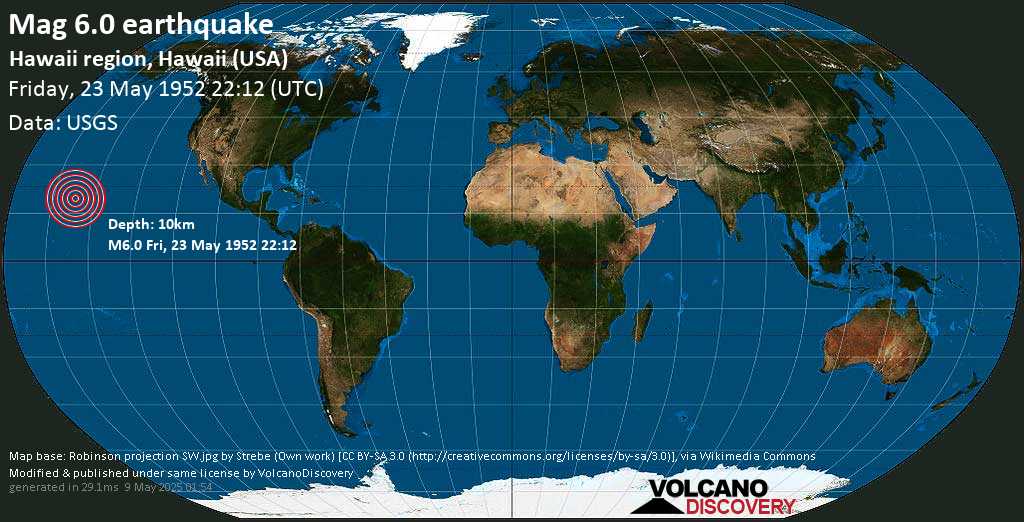 Tremblement de terre très fort magnitude 6.0 - 6.6 km à l\'ouest de Captain Cook, Comté de Hawaii County, Hawaï, États-Unis, vendredi, le 23 mai 1952 22:12