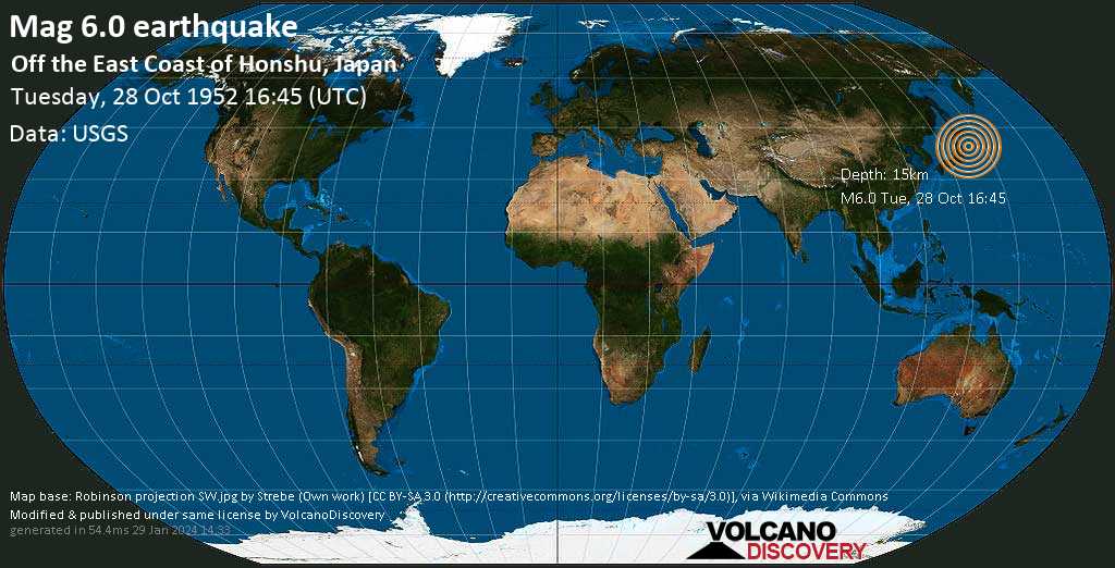 Very strong mag. 6.0 earthquake - 131 km east of Miyako, Iwate, Japan, on Tuesday, October 28, 1952 at 16:45 GMT