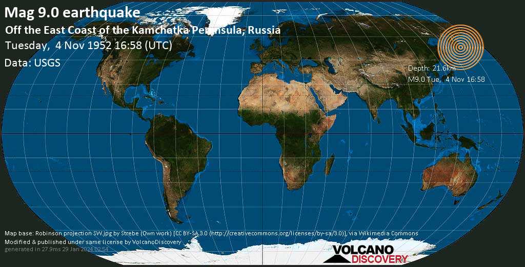 Major magnitude 9.0 earthquake - 92 km southeast of Kamchatkataagy Petropavlovskaj, Russia, on Tuesday, November 4, 1952 at 16:58 GMT