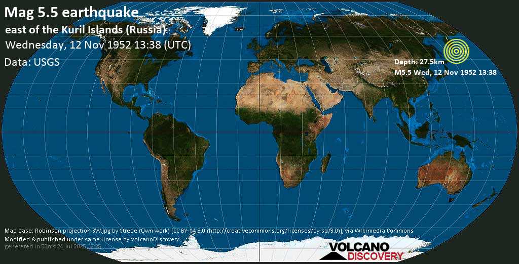 Moderate mag. 5.5 earthquake - East of the Kuril Islands (Russia) on Wednesday, 12 November 1952