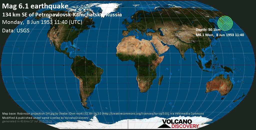 Strong mag. 6.2 earthquake - Off the East Coast of the Kamchatka Peninsula, Russia on Monday, 8 June 1953