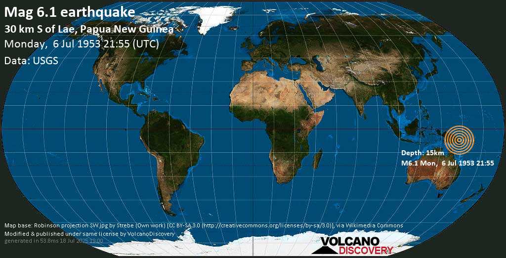 Strong mag. 6.1 earthquake - Eastern New Guinea Region, Papua New Guinea on Monday, 6 July 1953