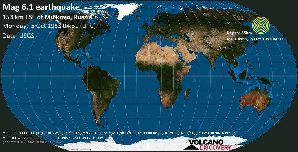 Strong mag. 6.1 earthquake - Near the East Coast of the Kamchatka Peninsula, Russia on Monday, 5 October 1953