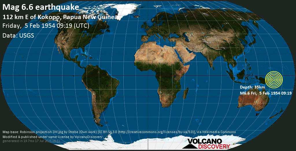 Strong mag. 6.7 earthquake - South Pacific Ocean, 47 km southeast of Latangai Island, New Ireland, Papua New Guinea, on Friday, 5 February 1954 at 09:19 (GMT)