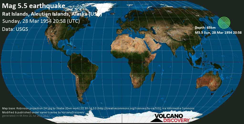 Moderate mag. 5.5 earthquake - Rat Islands, Aleutian Islands, Alaska (USA) on Sunday, 28 March 1954