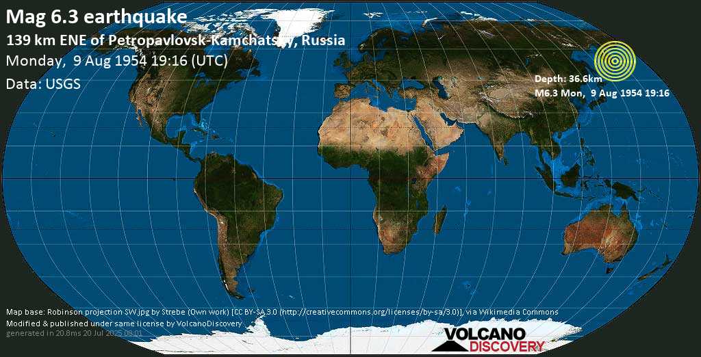 Strong mag. 6.3 earthquake - Near the East Coast of the Kamchatka Peninsula, Russia on Monday, 9 August 1954