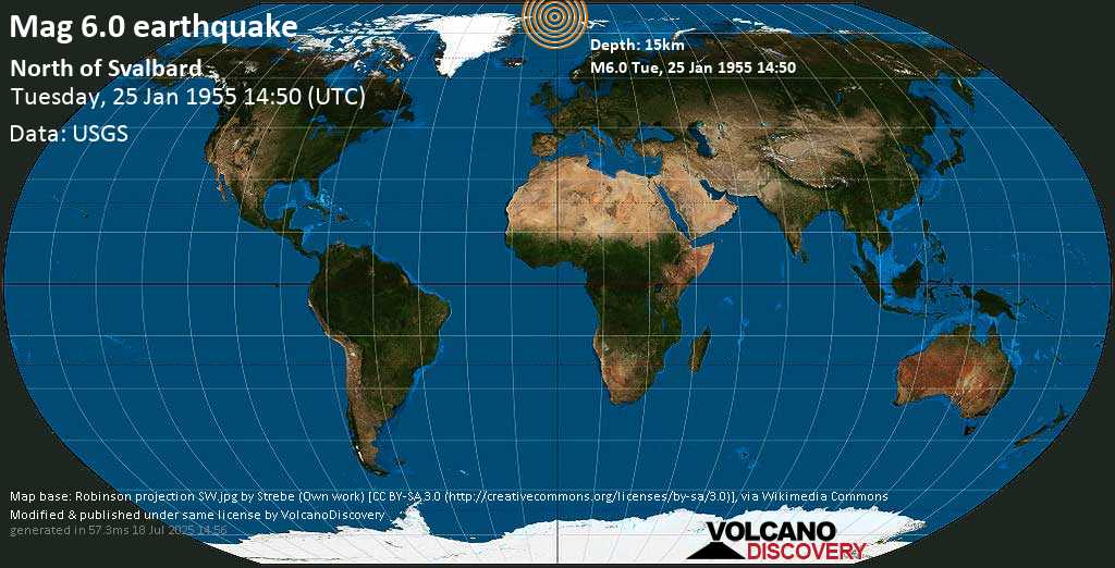 Very strong mag. 6.0 earthquake - North Greenland Sea, 435 km northwest of Longyearbyen, Spitsbergen, Svalbard, on Tuesday, January 25, 1955 at 14:50 (GMT)