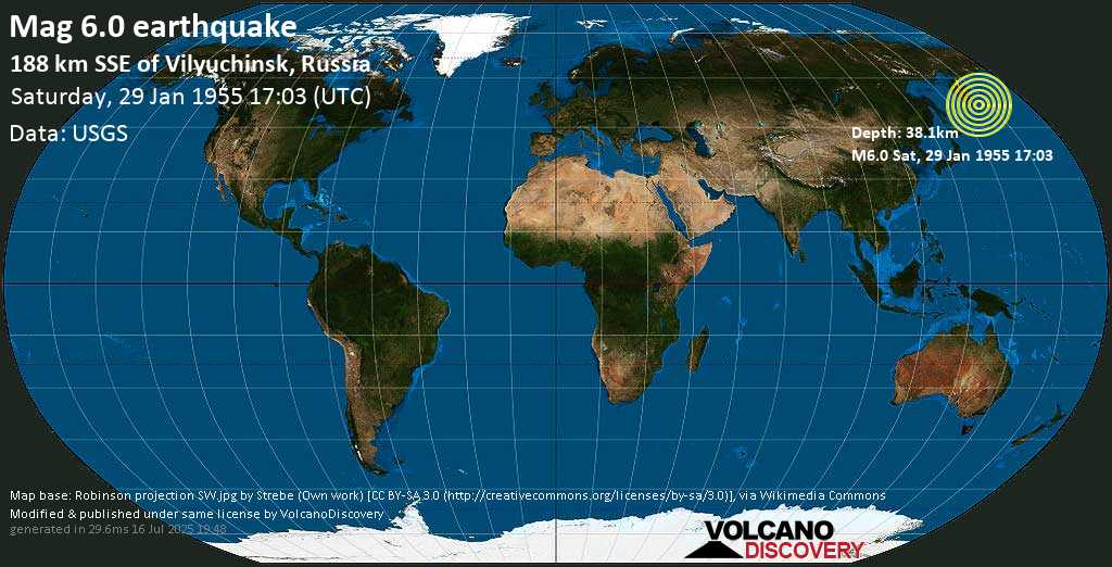 Strong mag. 6.0 earthquake - Off the East Coast of the Kamchatka Peninsula, Russia on Saturday, 29 January 1955