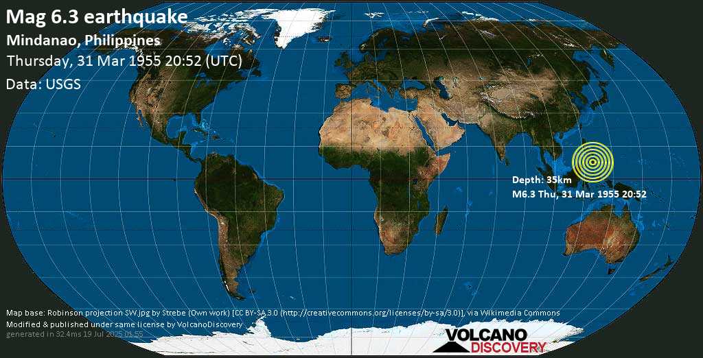 Very strong mag. 6.3 earthquake - Balutmasla Island, 7.6 km west of Marogong, Philippines, on Thursday, March 31, 1955 at 20:52 (GMT)