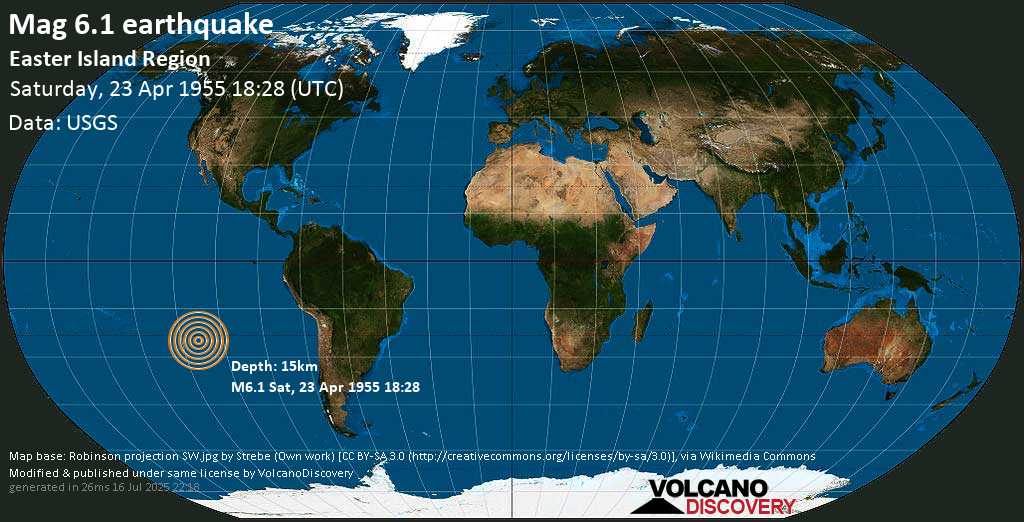 Strong mag. 6.2 earthquake - South Pacific Ocean on Saturday, 23 April 1955 at 18:28 (GMT)