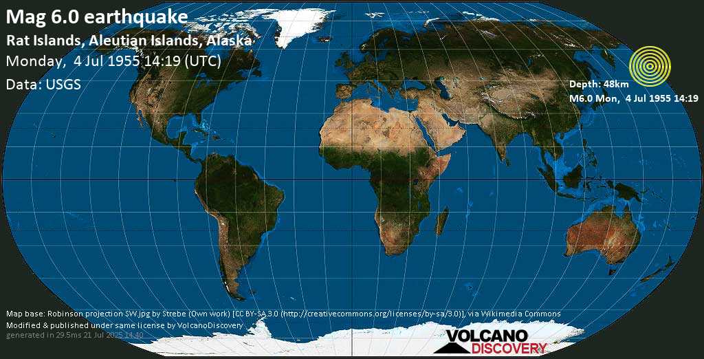Strong mag. 6.1 earthquake - Rat Islands, Aleutian Islands, Alaska (USA) on Monday, 4 July 1955