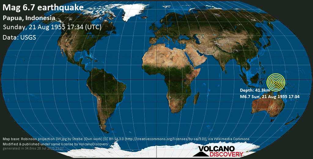 Very strong mag. 6.7 earthquake - 226 km east of Nabire, Papua, Indonesia, on Sunday, 21 August 1955 at 17:34 (GMT)