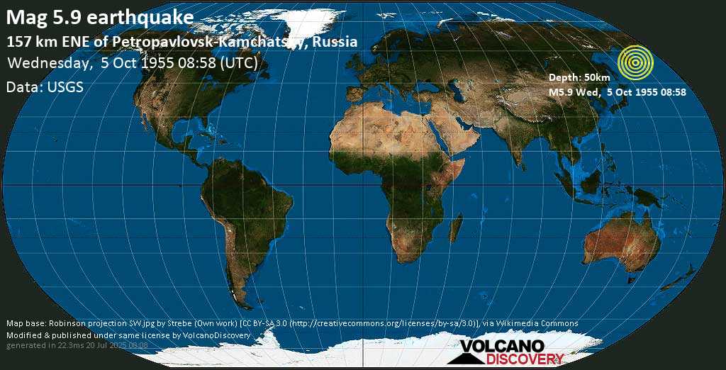 Strong mag. 6.0 earthquake - Near the East Coast of the Kamchatka Peninsula, Russia on Wednesday, 5 October 1955