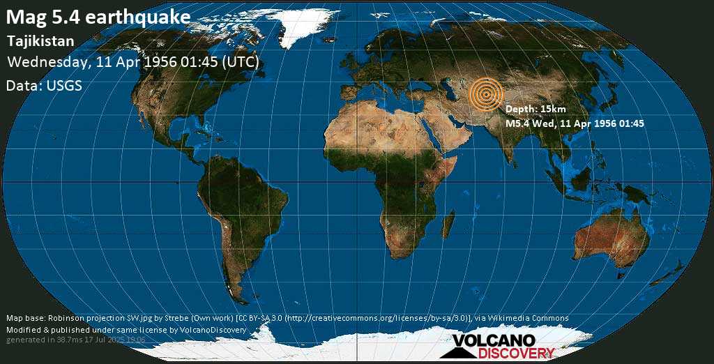 Strong mag. 5.5 earthquake - 22 km south of Rasht, Republican Subordination, Tajikistan, on Wednesday, April 11, 1956 at 01:45 (GMT)