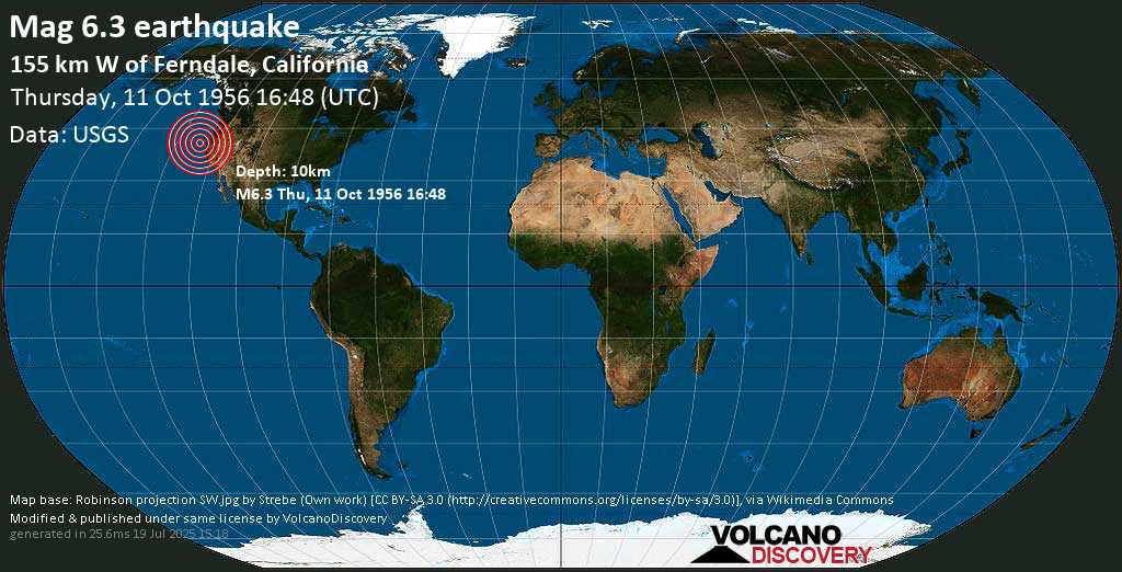 Very strong mag. 6.4 earthquake - North Pacific Ocean, 104 mi west of Eureka, Humboldt County, California, USA, on Thursday, 11 October 1956 at 16:48 (GMT)