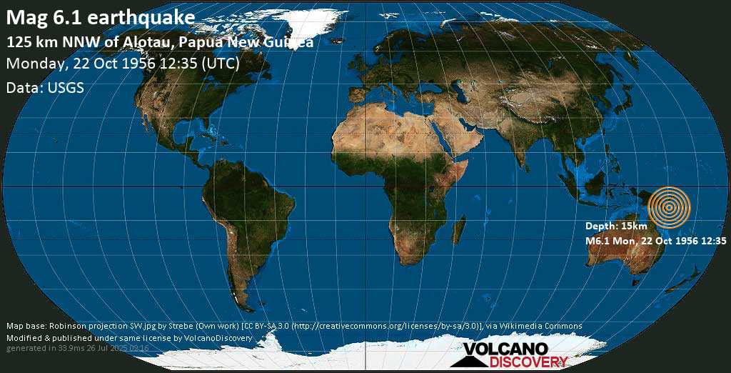 Very strong mag. 6.2 earthquake - Solomon Sea, 16 km southwest of Nuama Islet Island, Papua New Guinea, on Monday, 22 October 1956 at 12:35 (GMT)
