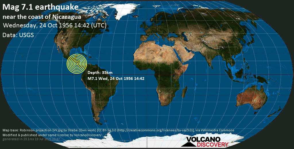Major magnitude 7.1 earthquake - North Pacific Ocean, 13 km south of Masachapa, Nicaragua, on Wednesday, October 24, 1956 at 14:42 (GMT)