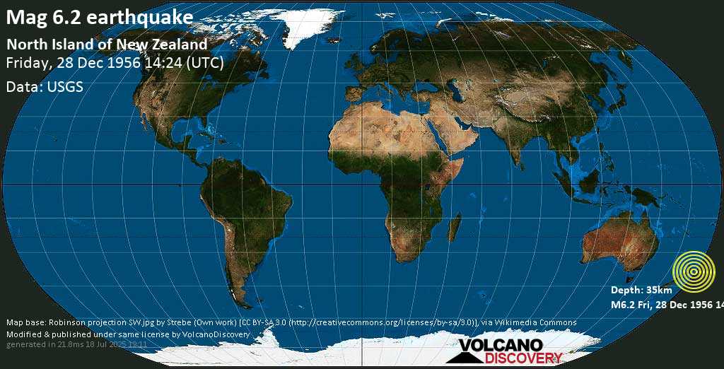 Very strong mag. 6.5 earthquake - 23 km northwest of Te Karaka, Gisborne District, New Zealand, on Friday, December 28, 1956 at 14:24 (GMT)