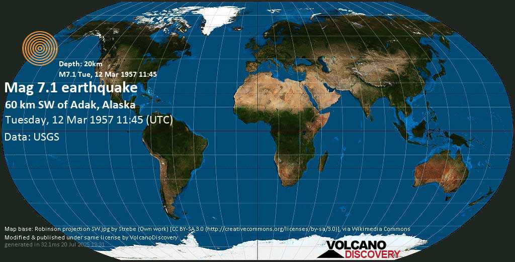 Major magnitude 7.1 earthquake - Bering Sea, 38 mi southwest of Adak, Aleutians West County, Alaska, USA, on Tuesday, 12 March 1957 at 11:45 (GMT)