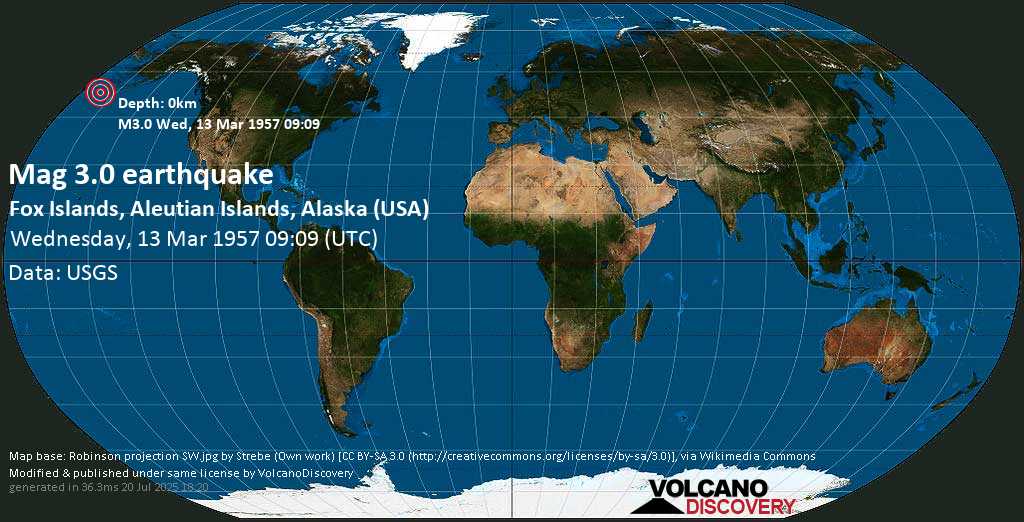 Minor mag. 0.0 earthquake - Fox Islands, Aleutian Islands, Alaska (USA), on Wednesday, 13 March 1957 at 09:09 (GMT)