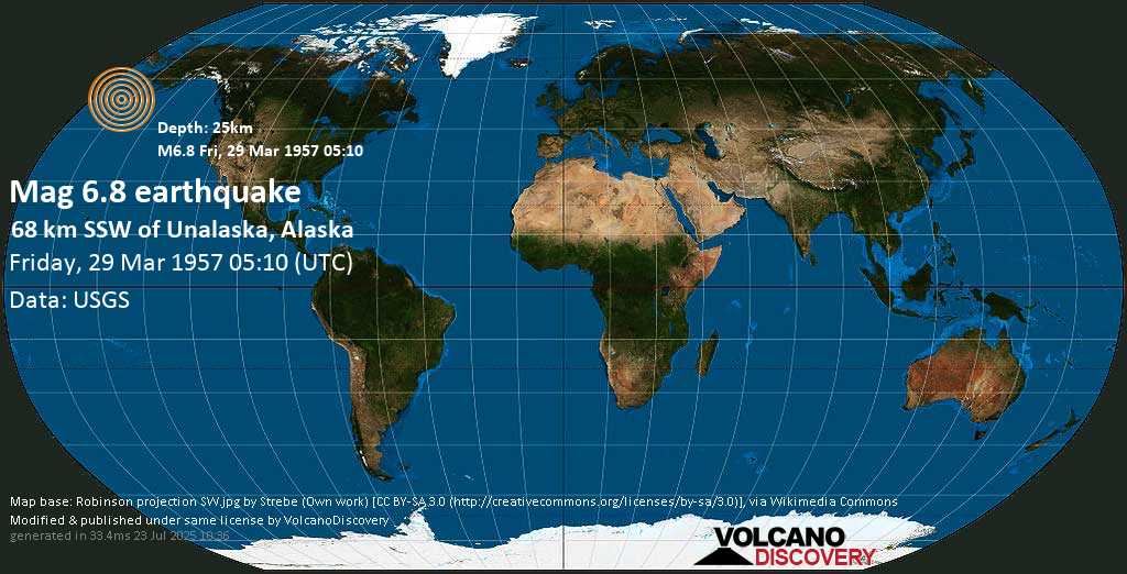 Very strong mag. 6.8 earthquake - Bering Sea, 27 mi south of Peter Island, Aleutians West County, Alaska, USA, on Friday, 29 March 1957 at 05:10 (GMT)