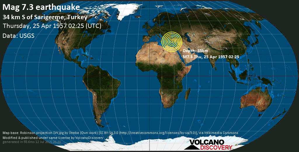 Major magnitude 7.3 earthquake - Eastern Mediterranean, 46 km southwest of Fethiye, Muğla, Turkey, on Thursday, April 25, 1957 at 02:25 (GMT)