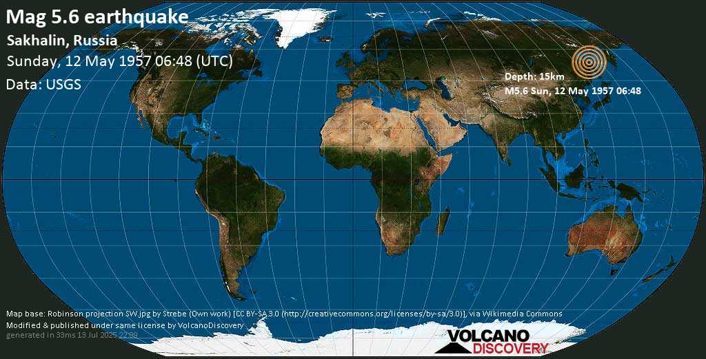 Moderate mag. 5.7 earthquake - Sakhalin, Russia on Sunday, 12 May 1957