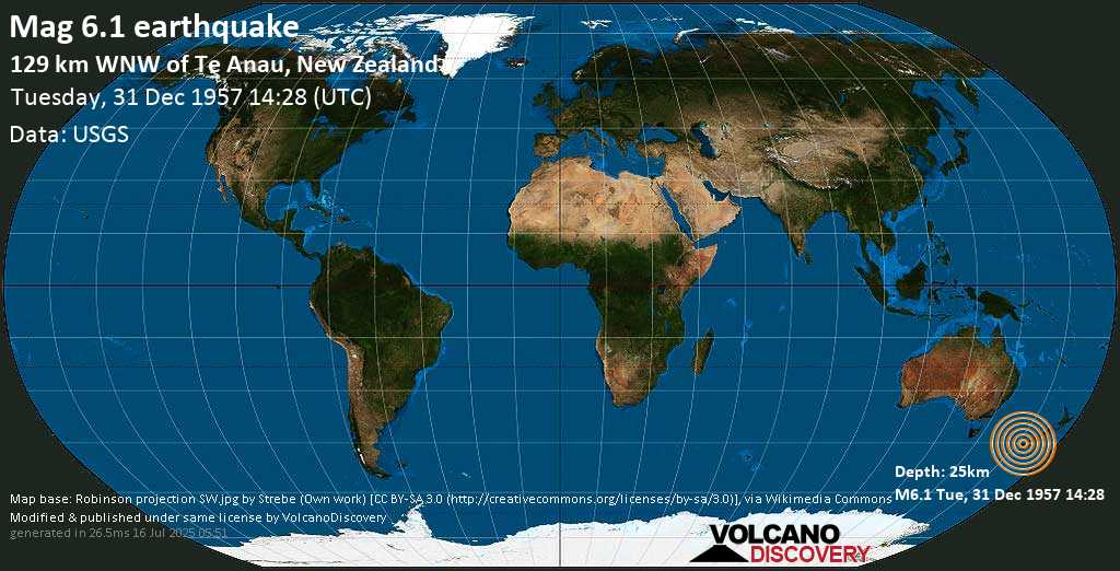 Fuerte terremoto magnitud 6.2 - Tasman Sea, 63 km WNW of Bauza Island, New Zealand, martes, 31 dic. 1957