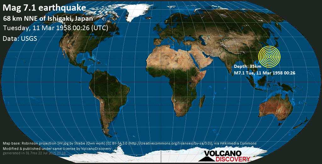 Major mag. 7.2 earthquake - Southwestern Ryukyu Islands, Japan on Tuesday, 11 March 1958