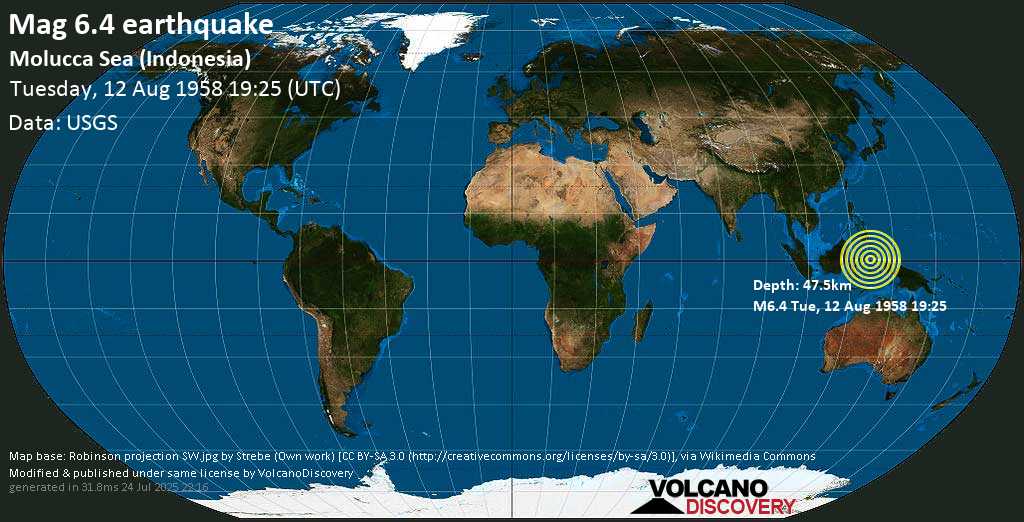 Strong mag. 6.5 earthquake - Molucca Sea (Indonesia) on Tuesday, 12 August 1958 at 19:25 (GMT)