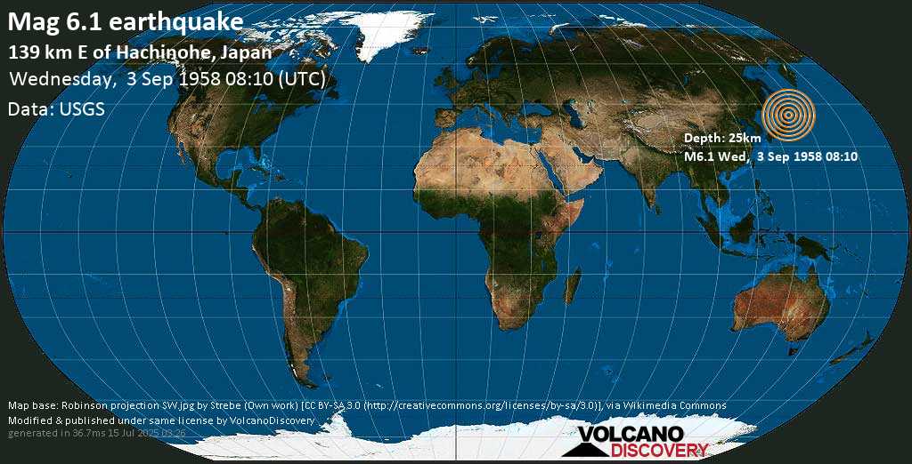 Strong mag. 6.1 earthquake - North Pacific Ocean, 628 km northeast of Tokyo, Japan, on Wednesday, 3 September 1958 at 08:10 (GMT)