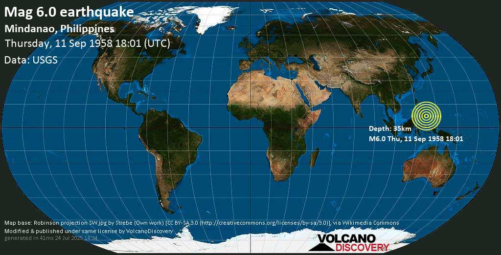 Strong mag. 6.0 earthquake - Philippine Sea, 24 km northeast of Manay, Philippines, on Thursday, September 11, 1958 at 18:01 (GMT)