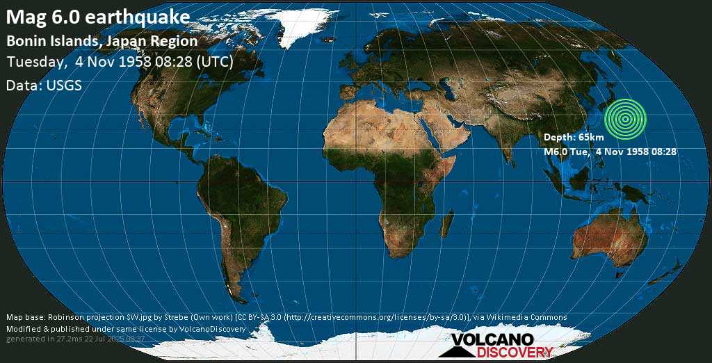 Strong mag. 6.0 earthquake - Philippines Sea, 886 km south of Tokyo, Japan, on Tuesday, 4 November 1958 at 08:28 (GMT)
