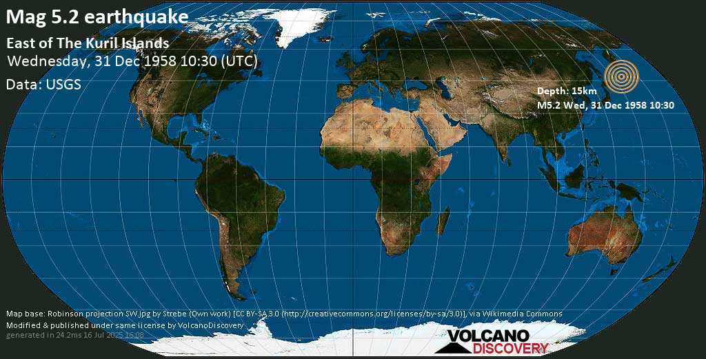 Strong mag. 5.3 earthquake - North Pacific Ocean, 7203 km northeast of Moscow, Russia, on Wednesday, December 31, 1958 at 10:30 (GMT)