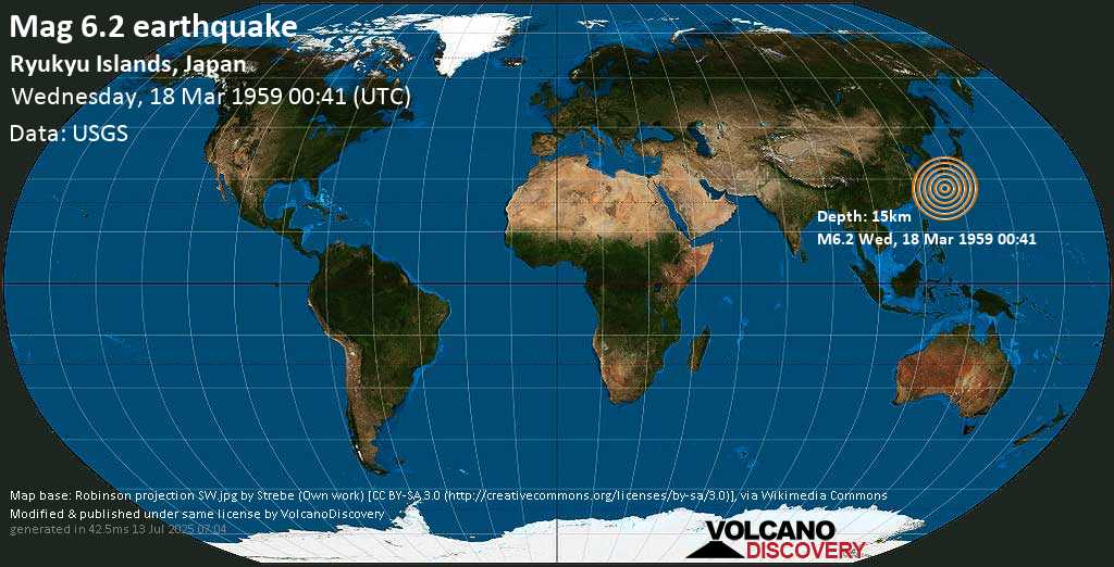 Strong mag. 6.2 earthquake - Philippines Sea, 141 km south of Naze, Amami Shi, Kagoshima, Japan, on Wednesday, 18 March 1959 at 00:41 (GMT)