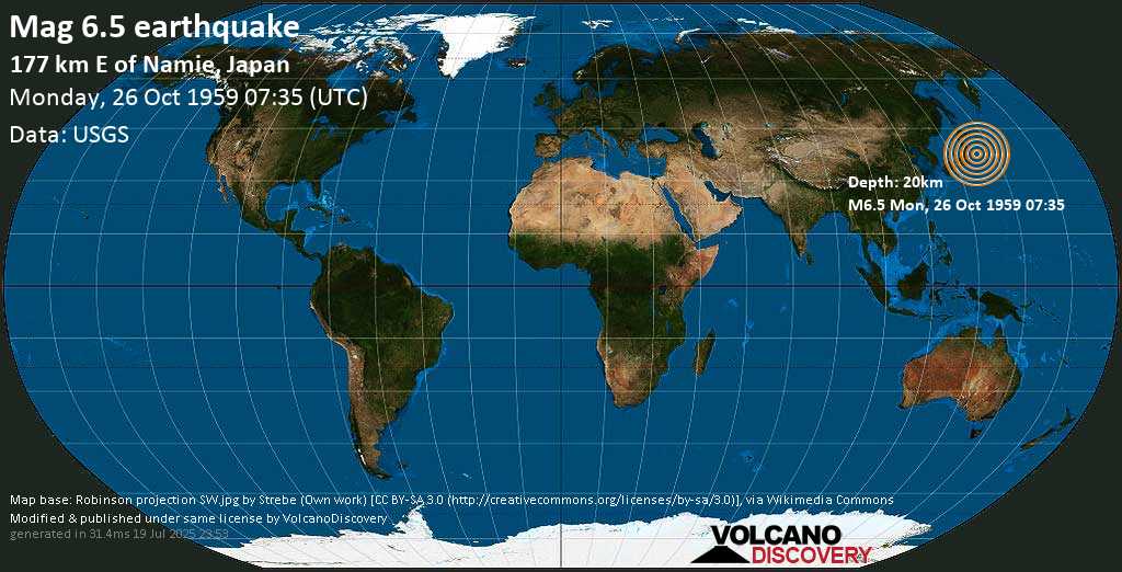 Very strong mag. 6.5 earthquake - North Pacific Ocean, 356 km northeast of Tokyo, Japan, on Monday, October 26, 1959 at 07:35 (GMT)