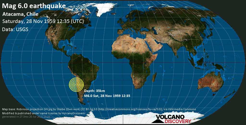 Strong mag. 6.1 earthquake - Atacama, Chile on Saturday, 28 November 1959