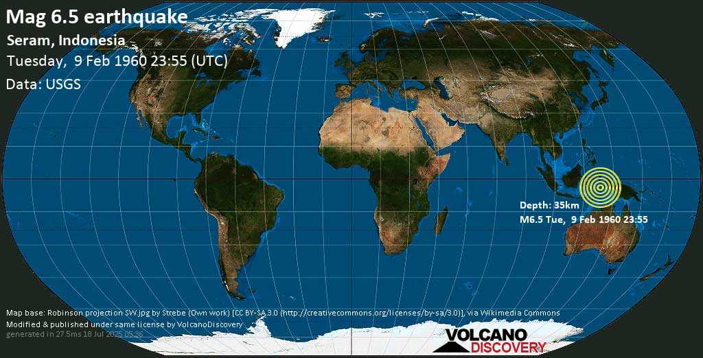 Fuerte terremoto magnitud 6.5 - Banda Sea, 60 km SW of Ambon City, Maluku, Indonesia, martes, 09 feb. 1960